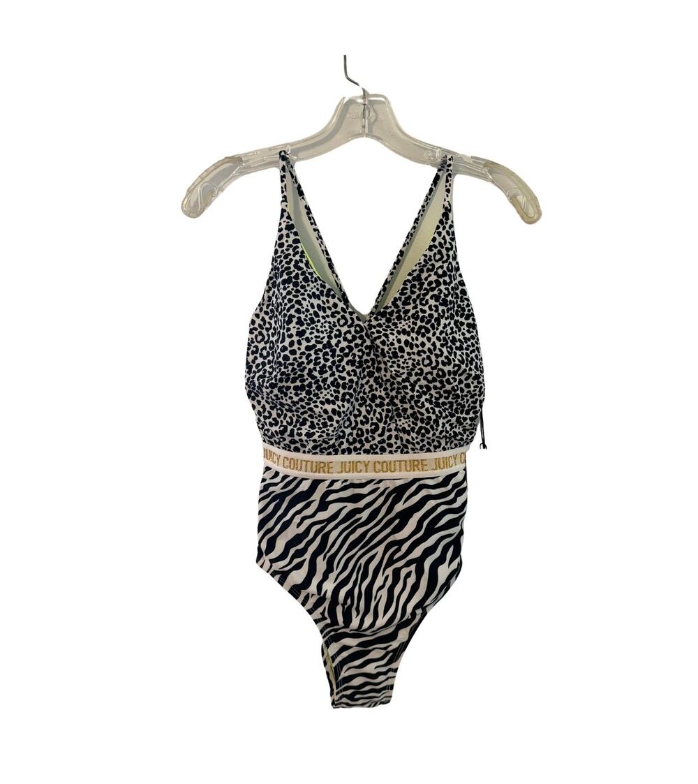 Juicy Couture Animal Print Black and Green One-Piece Racerback Swimsuit Medium